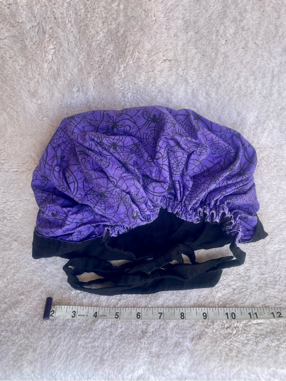 Bonnet Surgical Scrub Cap Halloween Spider Web Purple & Black Tie Back Elastic
